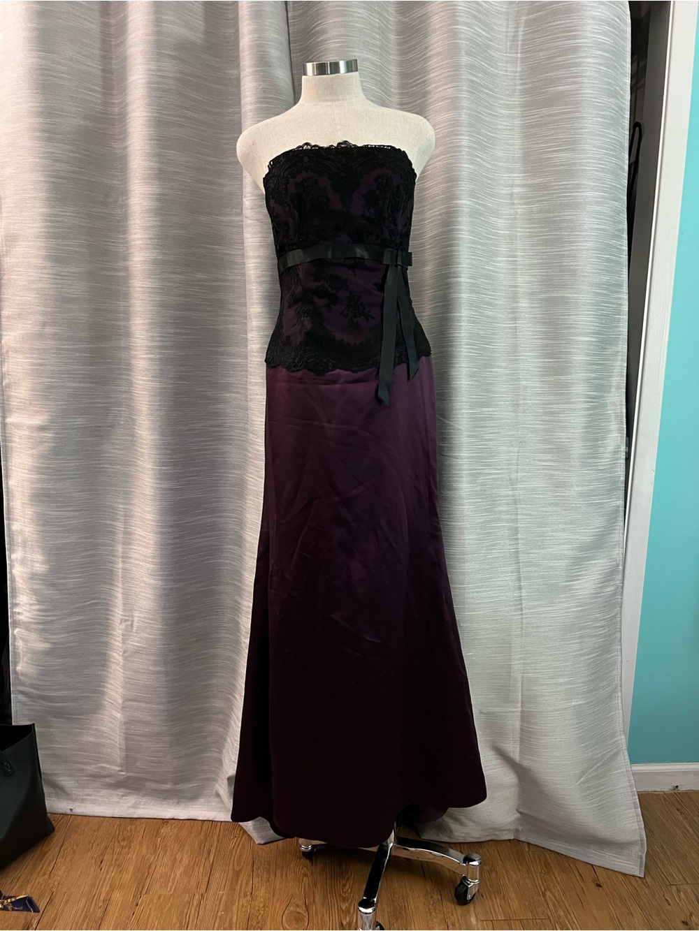 Alexia Designs Strapless Black Lace & Plum Satin Gown